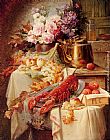 Still Life With A Lobster And Assorted Fruit And Flowers by Modeste Carlier